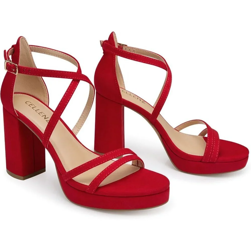 Women's Red-Suede Sandal Stylish Comfortable Chunky Blocked Strappy Heel Shoe